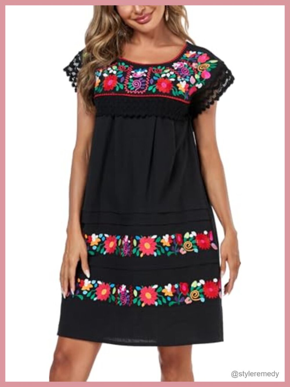 Women's Floral Embroidered Peasant Dress 100% Cotton Boho Short Sleeve